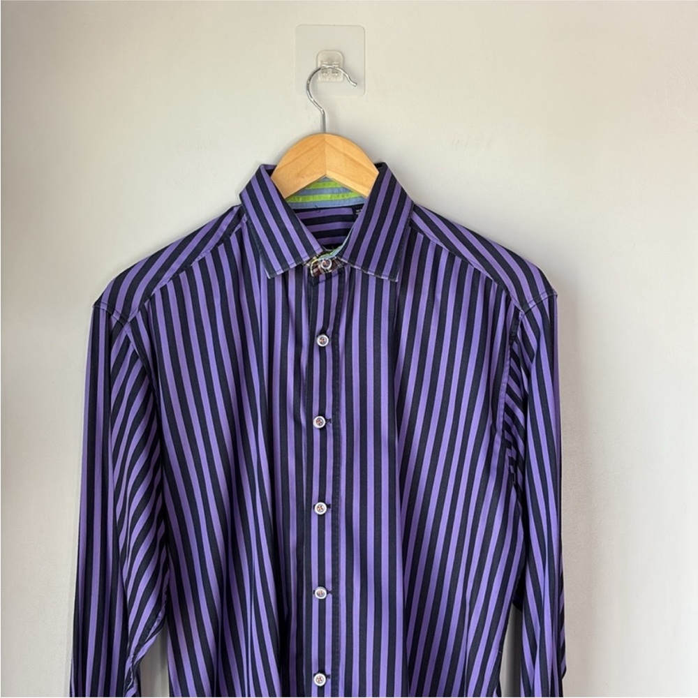 Robert Graham Purple Black Stripe Shirt Reverse Paisley Cuff - Picture 2 of 8